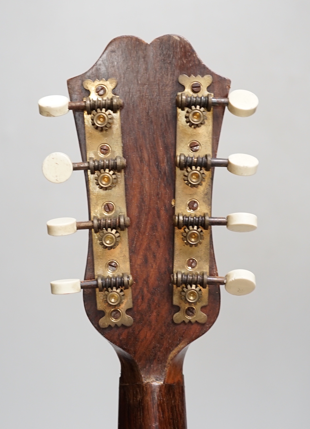 A cased mandolin with tortoiseshell detail, bone tuning pegs, 61cm long